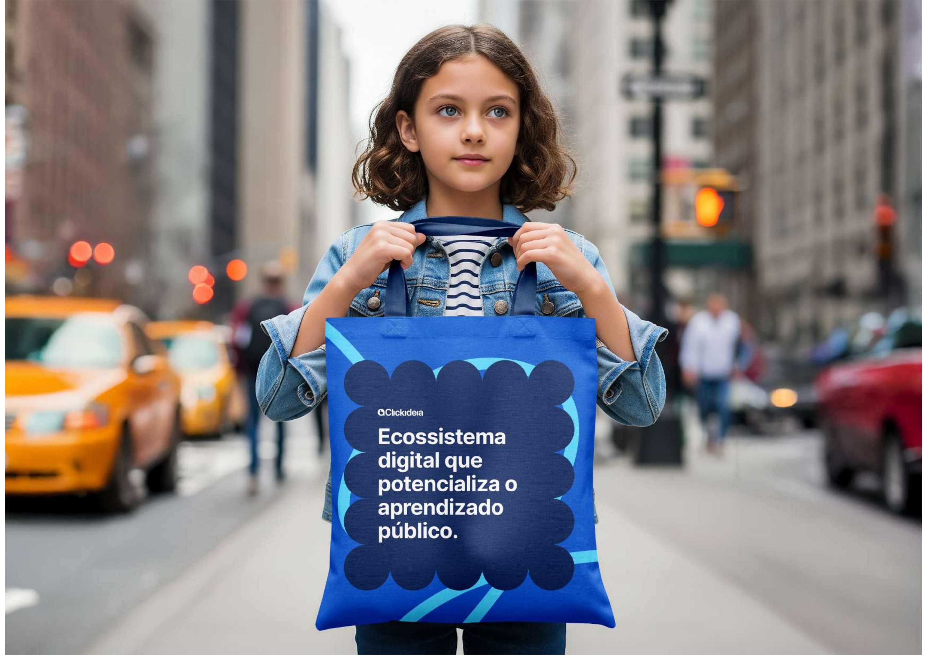 Sacola tote bag azul Clickideia com mensagem manifesto, em uso na rua
